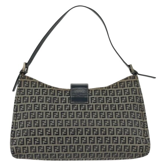 FENDI Zucchino Canvas Mamma Baguette Shoulder Bag Navy Silver Auth 142298 - Picture 2 of 16